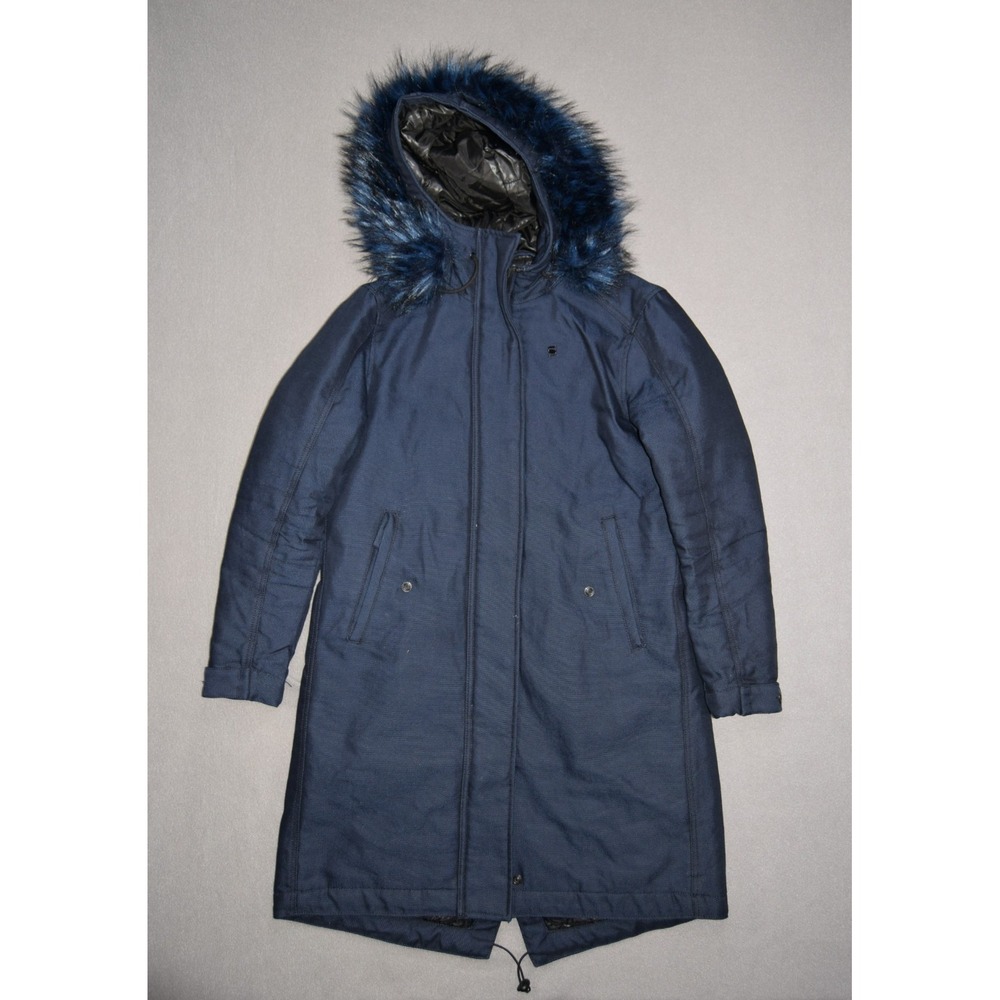 G Star Jacket Womens XS Blue Rovic Parka Faux Fur Hood Insulated Raw Puffer